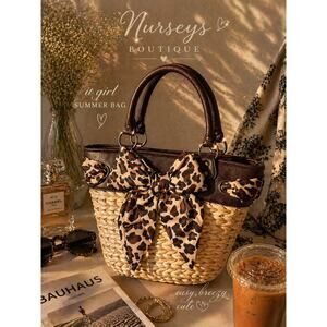 Braciano Straw Tote Leopard Bow Bag Boho Woven Summer Purse